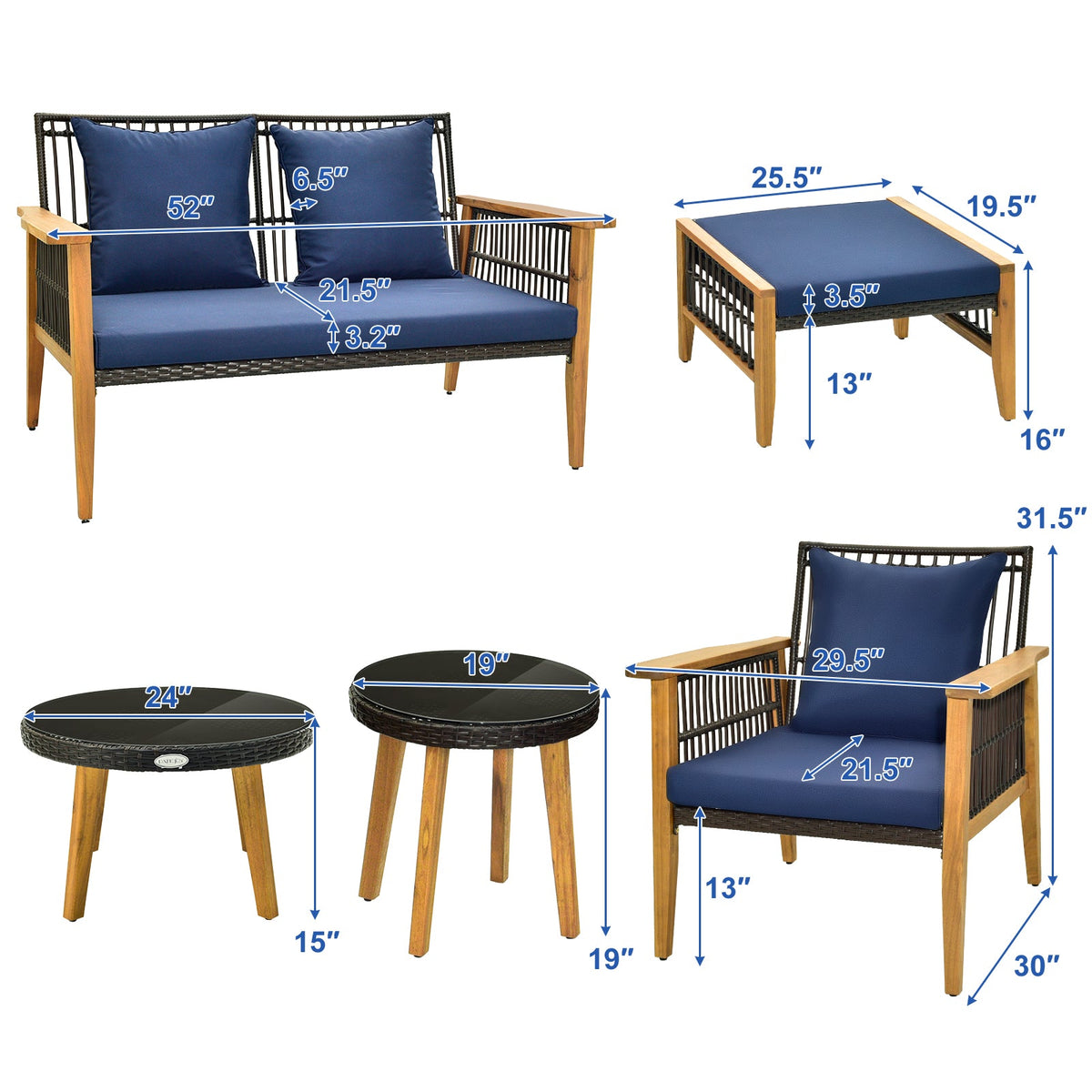 7 Piece Outdoor Conversation Set with Stable Acacia Wood Frame Cozy Seat & Back Cushions – Navy