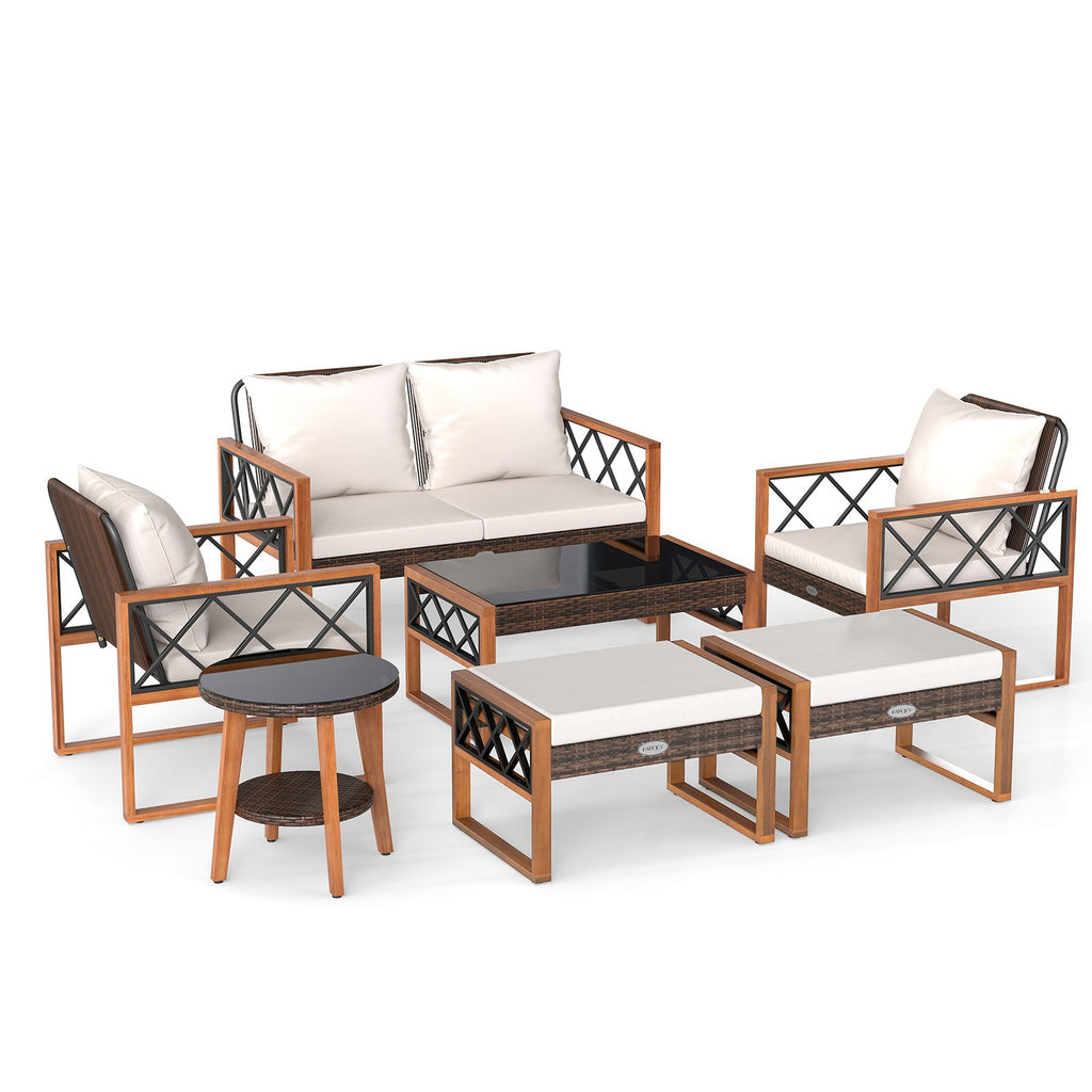 7-Piece Patio Furniture Set PE Wicker Acacia Wood Outdoor Conversation Set