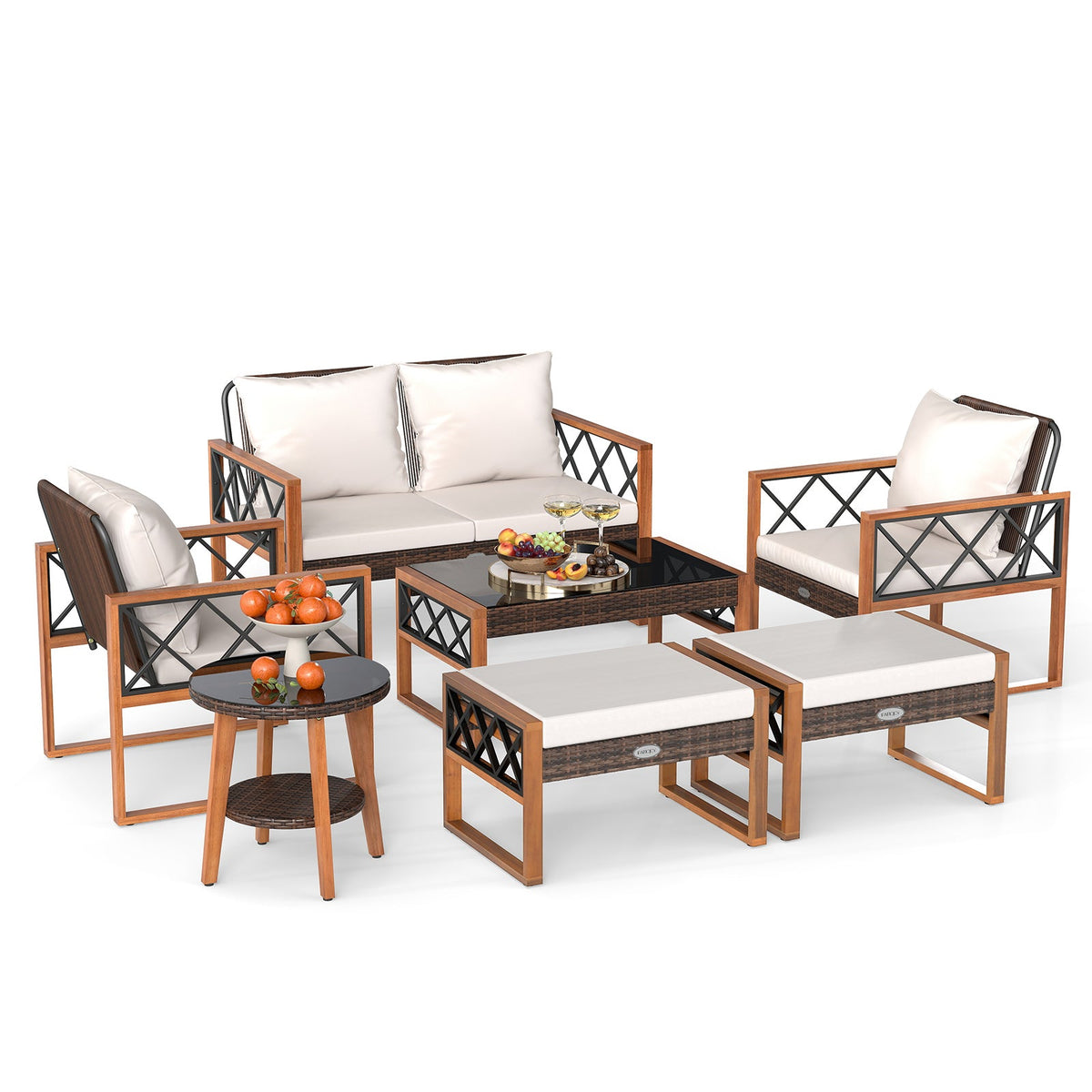 7-Piece Patio Furniture Set PE Wicker Acacia Wood Outdoor Conversation Set