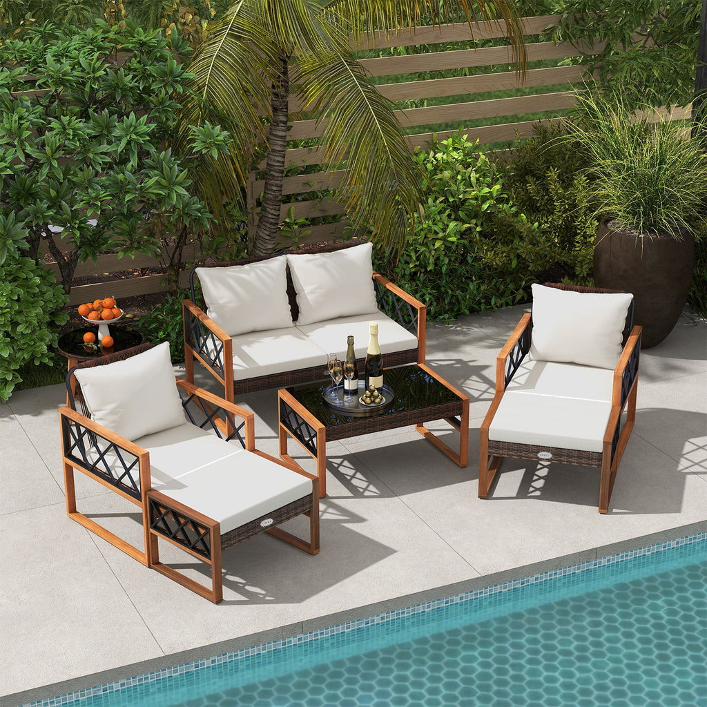 7-Piece Patio Furniture Set PE Wicker Acacia Wood Outdoor Conversation Set
