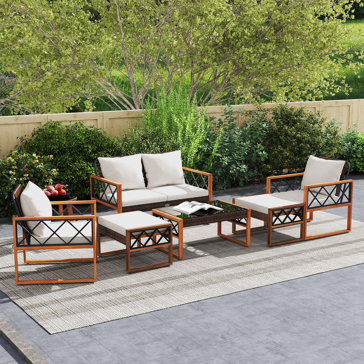 7-Piece Patio Furniture Set PE Wicker Acacia Wood Outdoor Conversation Set