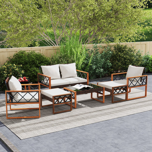 7-Piece Patio Furniture Set PE Wicker Acacia Wood Outdoor Conversation Set