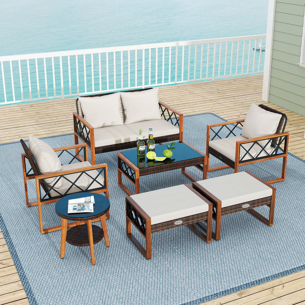 7-Piece Patio Furniture Set PE Wicker Acacia Wood Outdoor Conversation Set