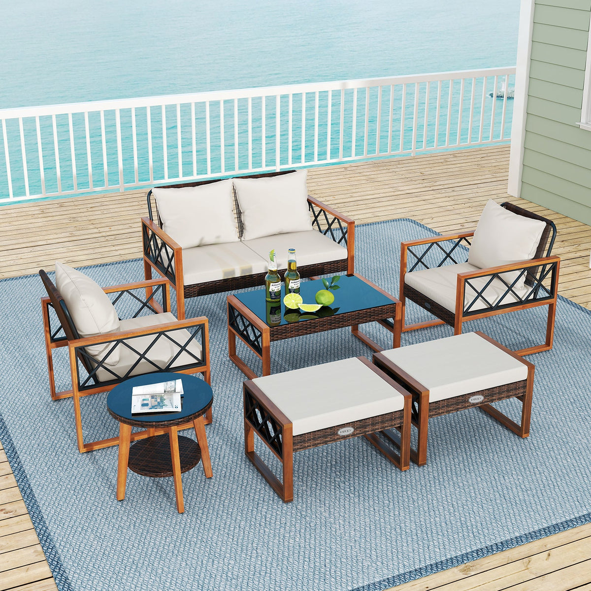 7-Piece Patio Furniture Set PE Wicker Acacia Wood Outdoor Conversation Set
