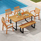 6-Piece Patio Dining Table Set 63" Rectangle Table with 4 Acacia Wood Armchairs and Backless Bench
