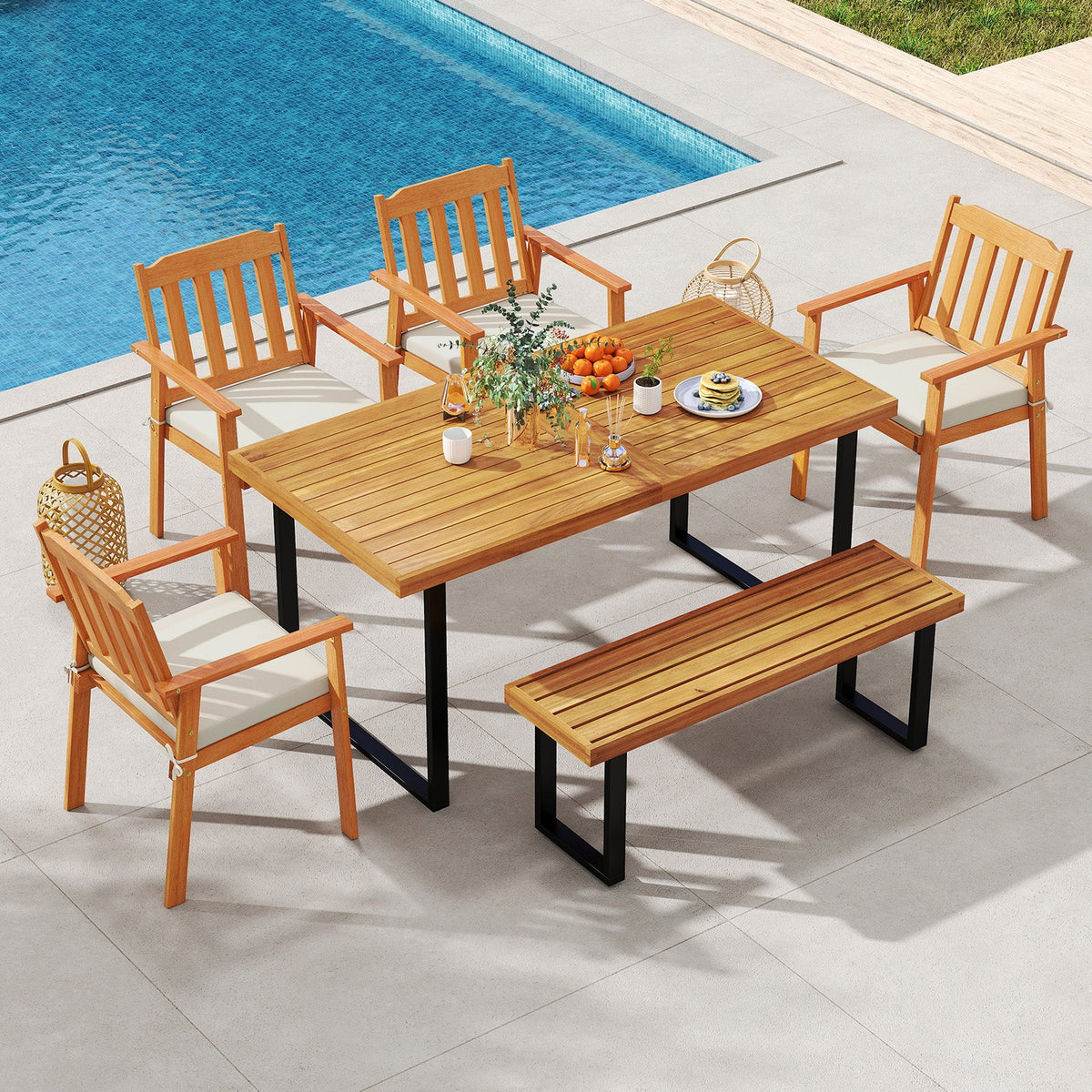 6-Piece Patio Dining Table Set 63" Rectangle Table with 4 Acacia Wood Armchairs and Backless Bench