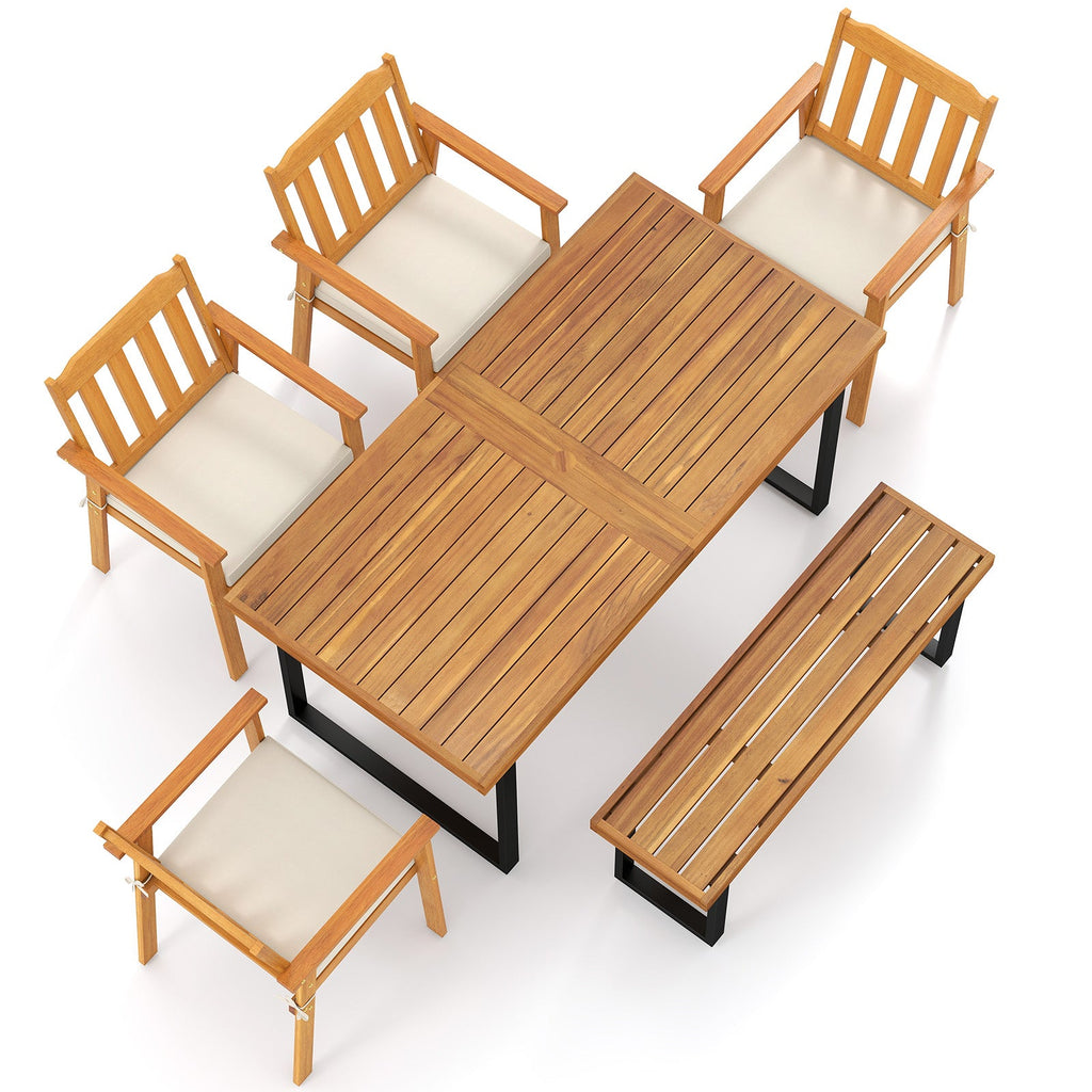 6-Piece Patio Dining Table Set 63" Rectangle Table with 4 Acacia Wood Armchairs and Backless Bench