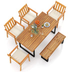 6-Piece Patio Dining Table Set 63" Rectangle Table with 4 Acacia Wood Armchairs and Backless Bench