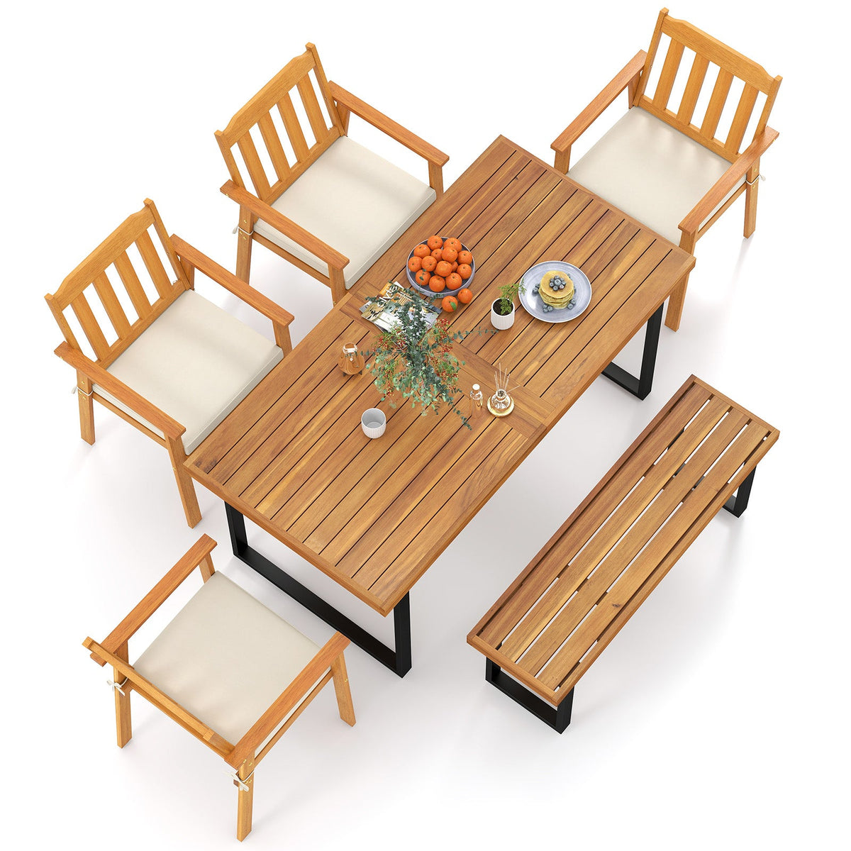 6-Piece Patio Dining Table Set 63" Rectangle Table with 4 Acacia Wood Armchairs and Backless Bench