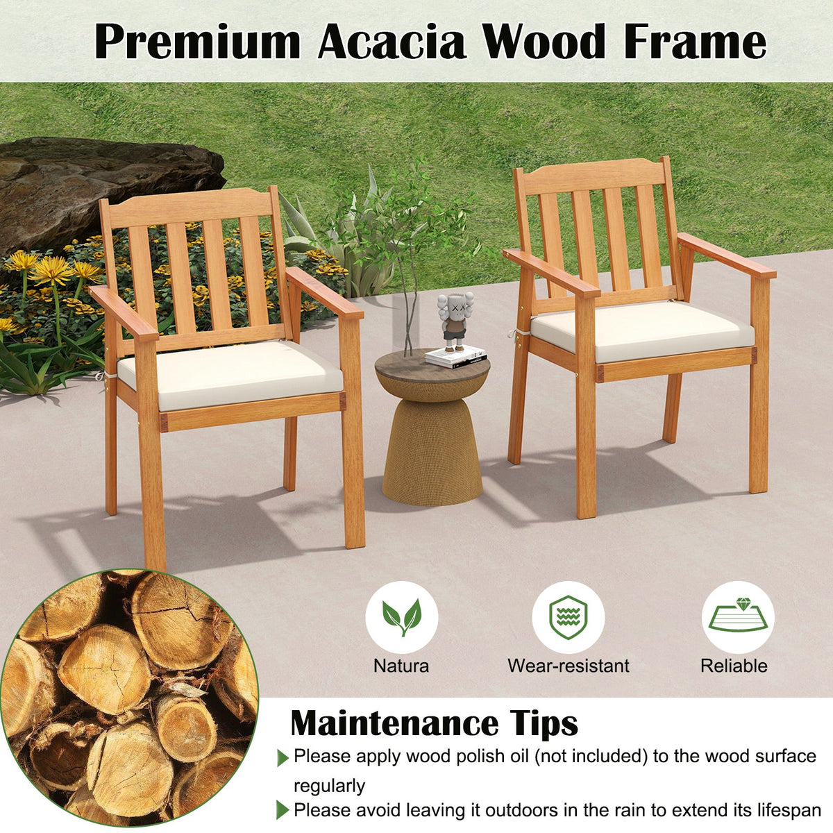 6-Piece Patio Dining Table Set 63" Rectangle Table with 4 Acacia Wood Armchairs and Backless Bench