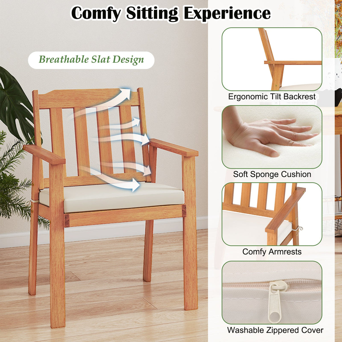 6-Piece Patio Dining Table Set 63" Rectangle Table with 4 Acacia Wood Armchairs and Backless Bench