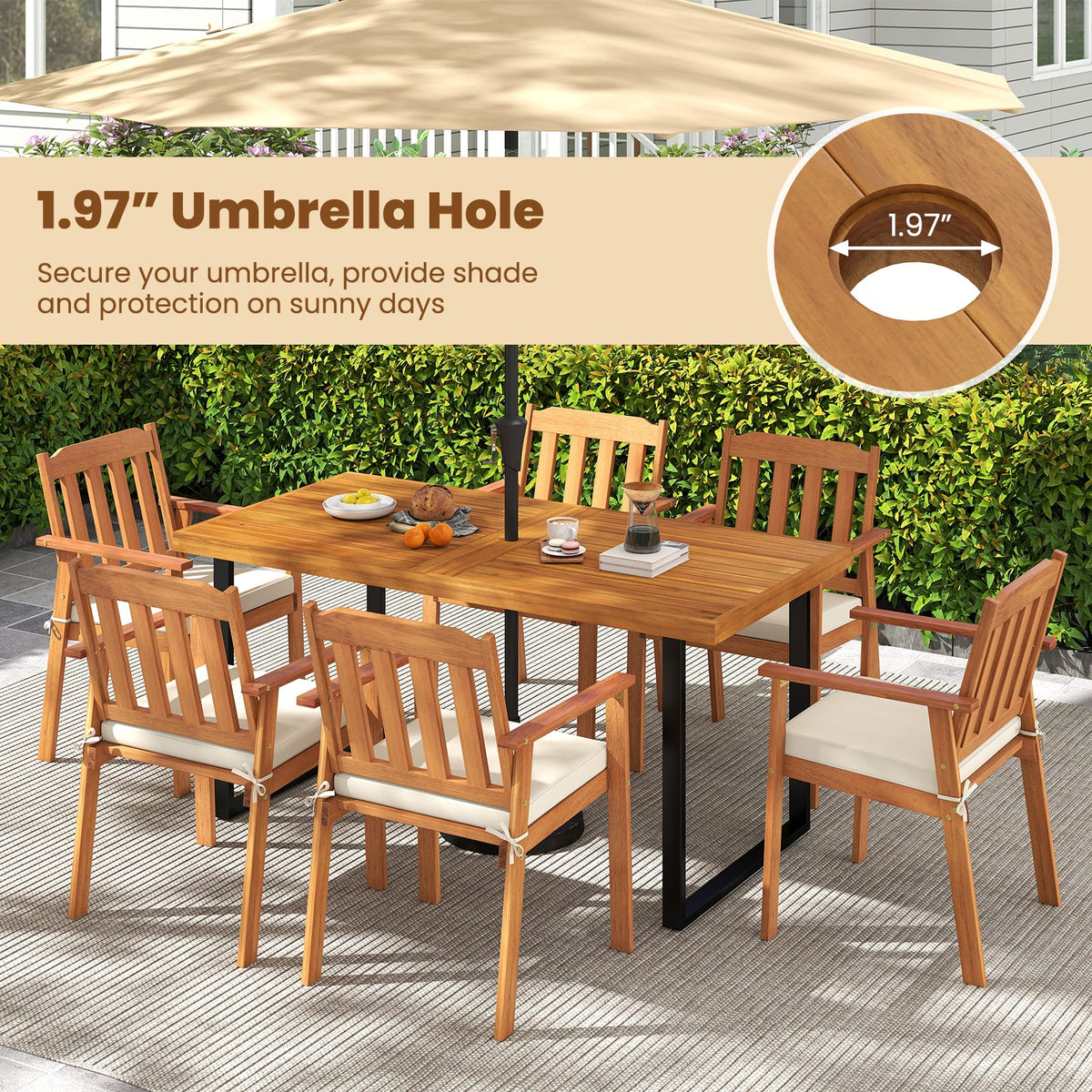 6-Piece Patio Dining Table Set 63" Rectangle Table with 4 Acacia Wood Armchairs and Backless Bench