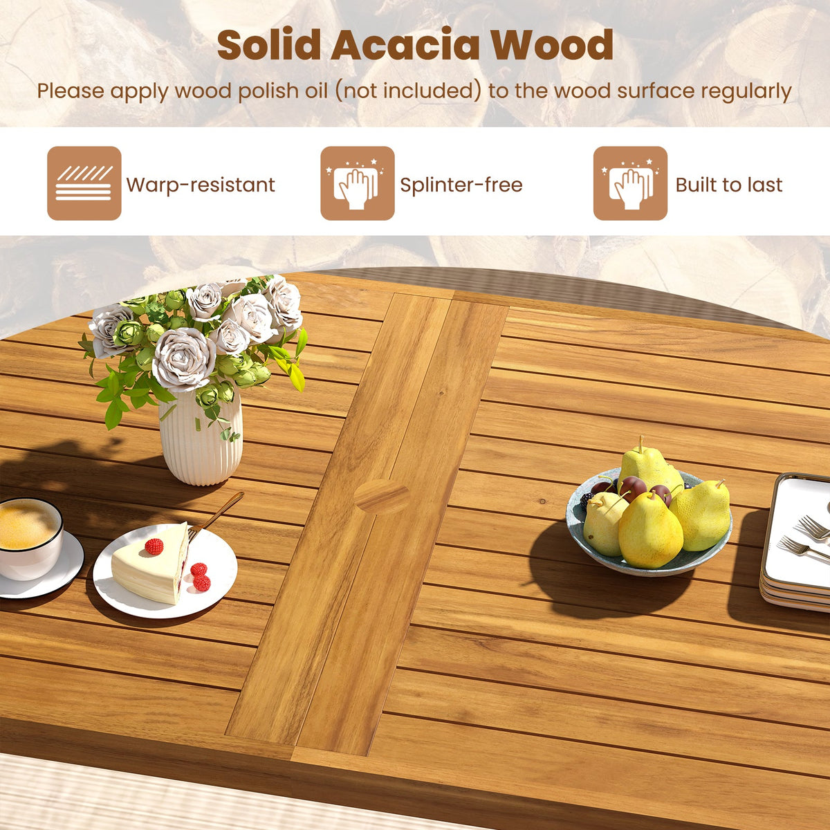 6-Piece Patio Dining Table Set 63" Rectangle Table with 4 Acacia Wood Armchairs and Backless Bench