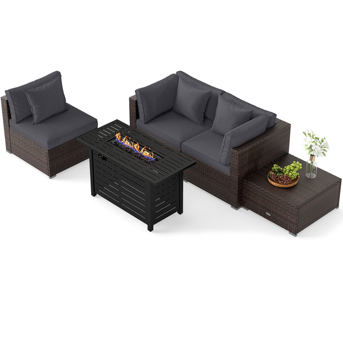 Heavy-duty Frame Rattan Sofa Set with 60000 BTU Firepit Table